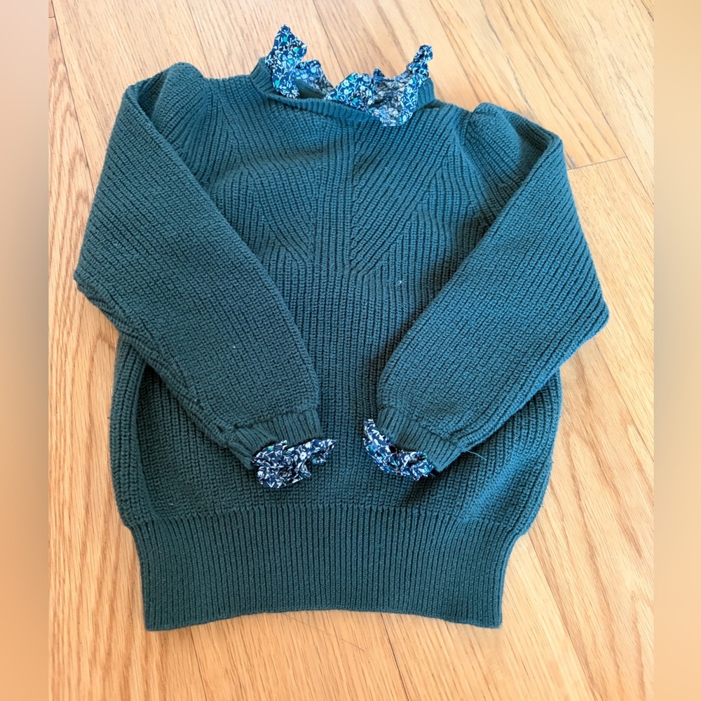 Girls' Teal Knit Sweater with Floral Ruffle Trim